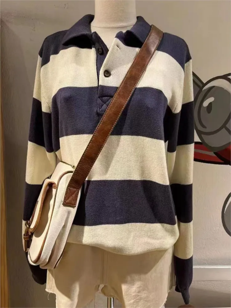 

Fashion Striped Knitted Buttons Sweater Women Autumn Casual Cotton Cute Turn-down Collar Pullovers Tops Vintage Chic Y2K Jumpers