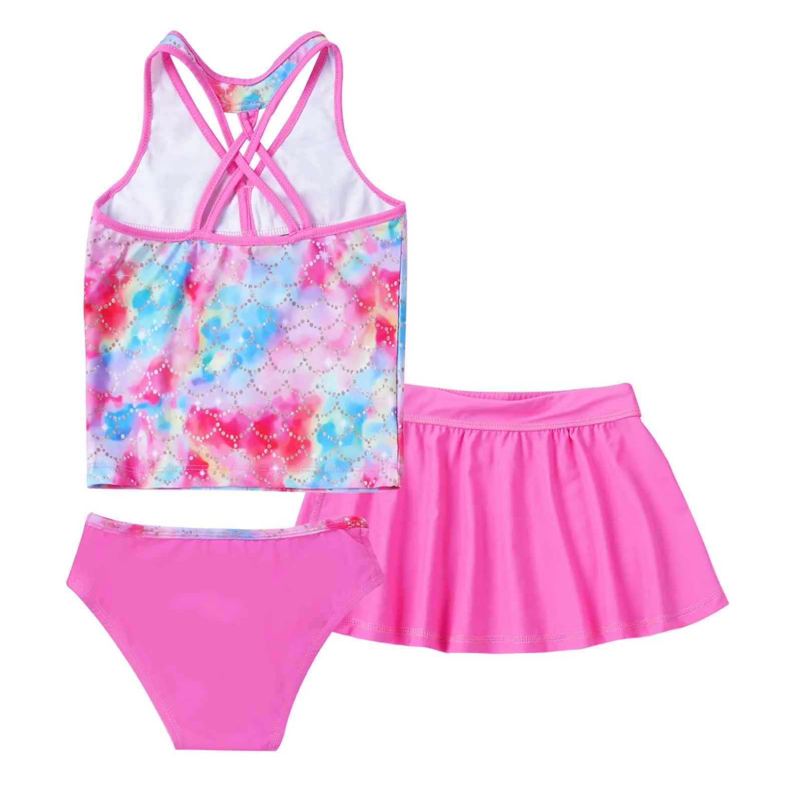 Children Swimsuit Set Girls Summer Print Swimwear Sleeveless Crisscross Back Top with Briefs and Skirt Bathing Suit Beach Bikini