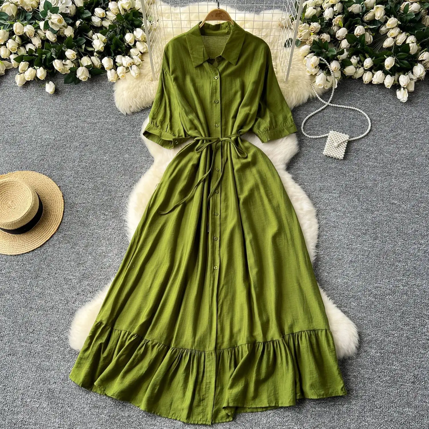 Abito camicia casual da donna con risvolto Primavera Estate Mezza manica monopetto Abiti lunghi con volant di media lunghezza Abiti lunghi con vestaglia lunga solida