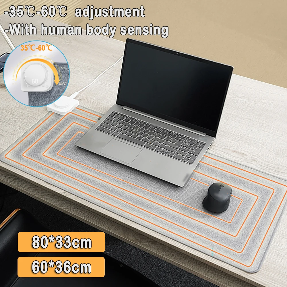 Electric Heating Mouse Pad 35℃-60℃ Rotary Switch with Human Body Sensing 3S Rapid Heating Winter Mouse Mat 80x33cm 60x36cm