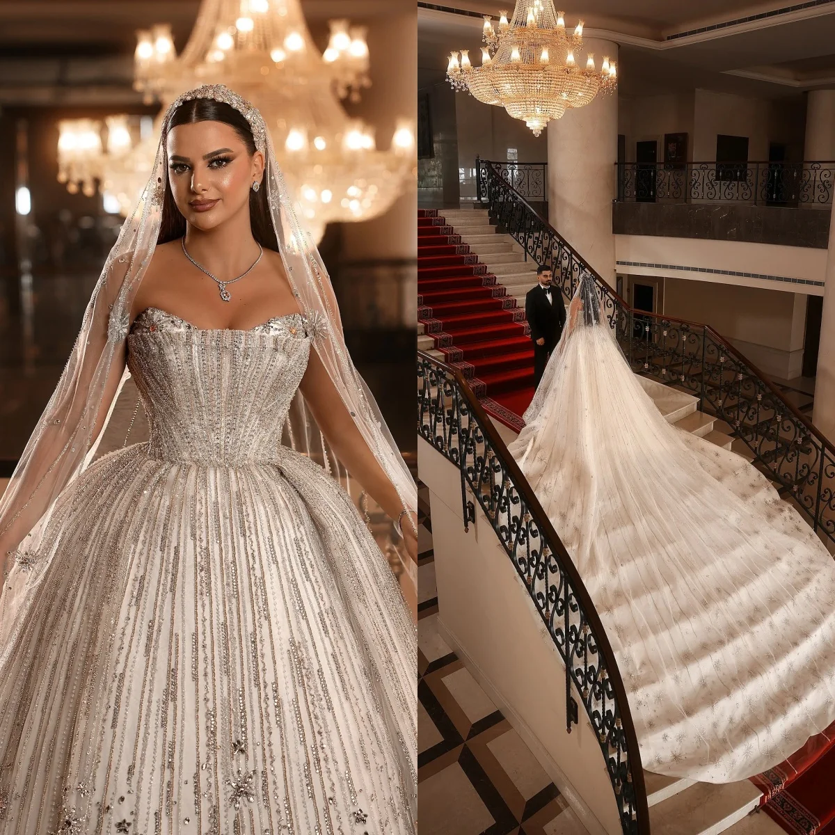 

Exquisite Strapless Crystal Wedding Dress Ball Gown Elegant Beading Lace Bridal Dress Customized Sleeveless vestidos de novia