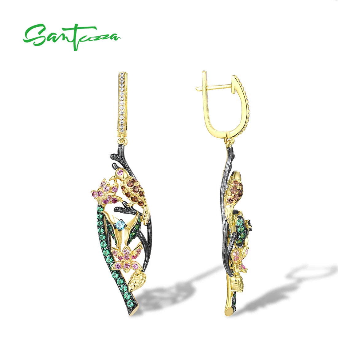 SANTUZZA Pure 925 Sterling Silver Earrings For Women Sparkling Colorful Stones Bird Flower Dangling Earrings Party Fine Jewelry