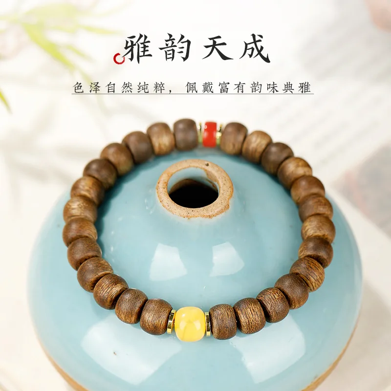Natural Green Agarwood Straight Cut Beads Bracelet with South Red Agate and Amber Luck Beads for Women Gifts