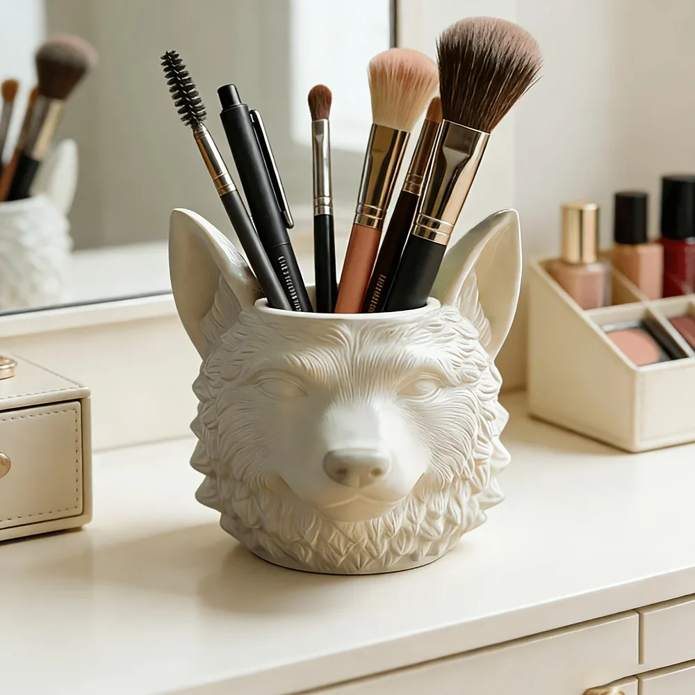 Wolf Head Shaped Flower Pot Pen Holder Candle Cup Resin Silicone Mold Wolf Head Statue Makeup Pen Storage Box Gypsum Mold