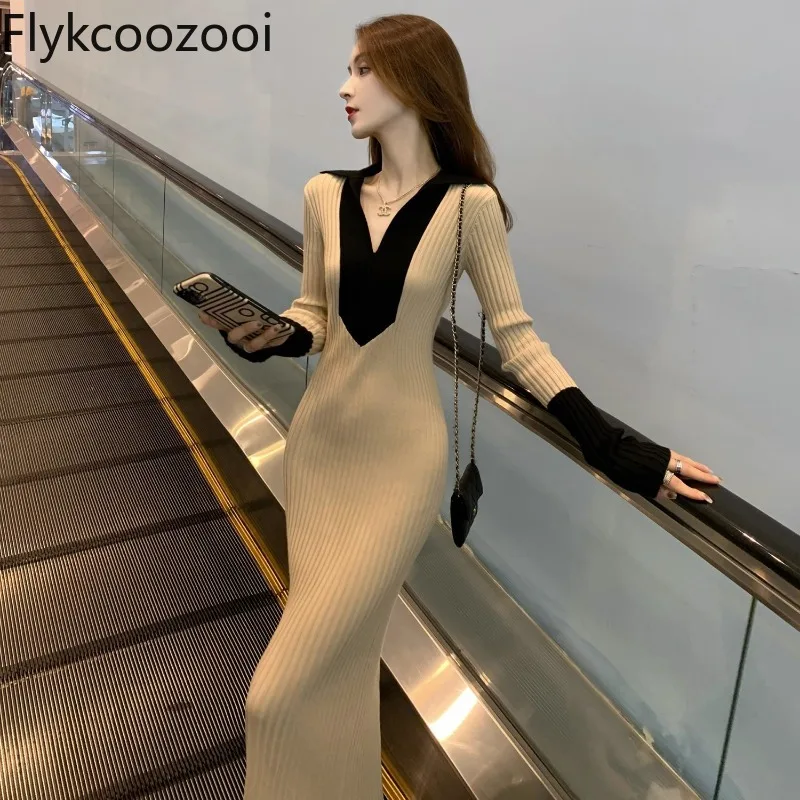 

Lapel Collar Contrast Long Sleeve Tight Knitted Dress Women Waisted Sheath Wrap Hip Long Dress Winter Lady Elegant Sweater