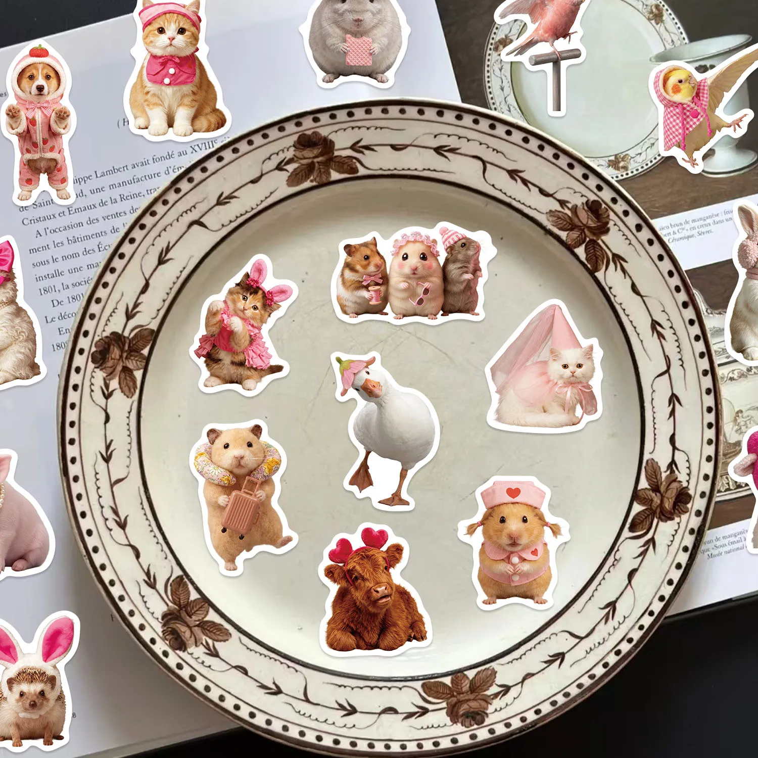 54PCS Kawaii Pink Dressed Cute Pet Stickers Lovely Cat Dog Hamster Vinyl Decals Aesthetic Sticker Pack for Teens Journal Laptop