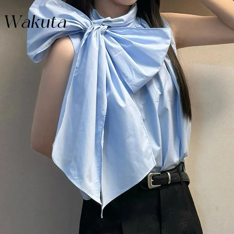 WAKUTA 2024 Summer Elegant Hanging Neck 3D Bow Decoration Short Sleeve Sexy Satin Texture Camis for Women Pornhub Crop Top
