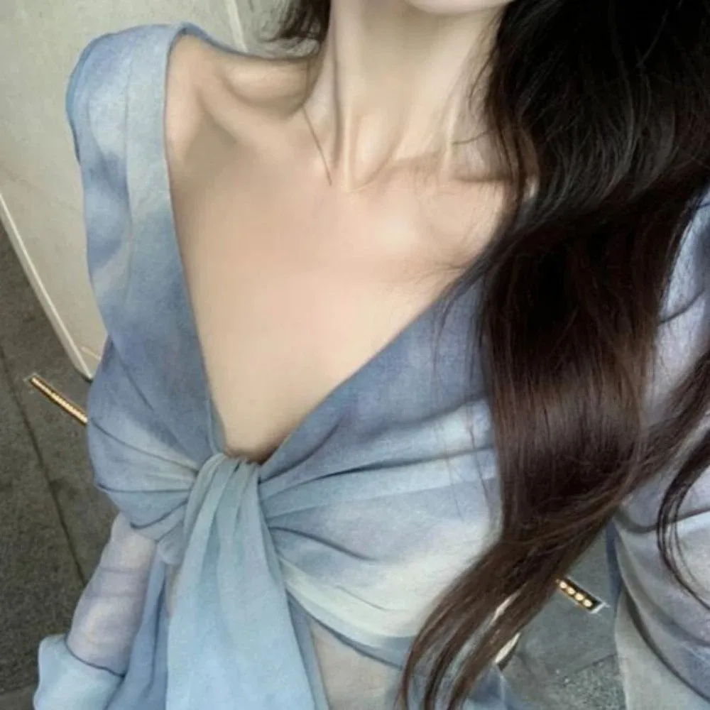 الشارع الشهير قنديل البحر شبكة حزام تي شيرت قزم كم طويل مطوي طوق سليم صالح المحاصيل القمم الكورية Y2K Ins غير النظامية #2