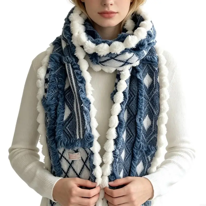 Plush-Trimmed Cold Weather Scarf with Double-Sided Styling, Thickened Faux Lambswool Fabric, and Fuller Neck Coverage 6XDA