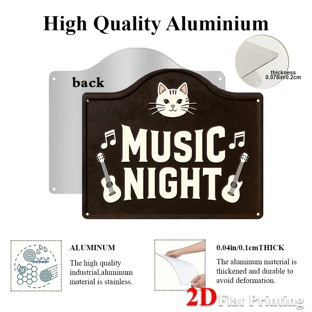 2D Flat, 1pc Country Style Sign Wall Decor - Cute Cat & Guitar Suitable For Home Bar, Cafe, Music Room, Irregular-Shaped Retro