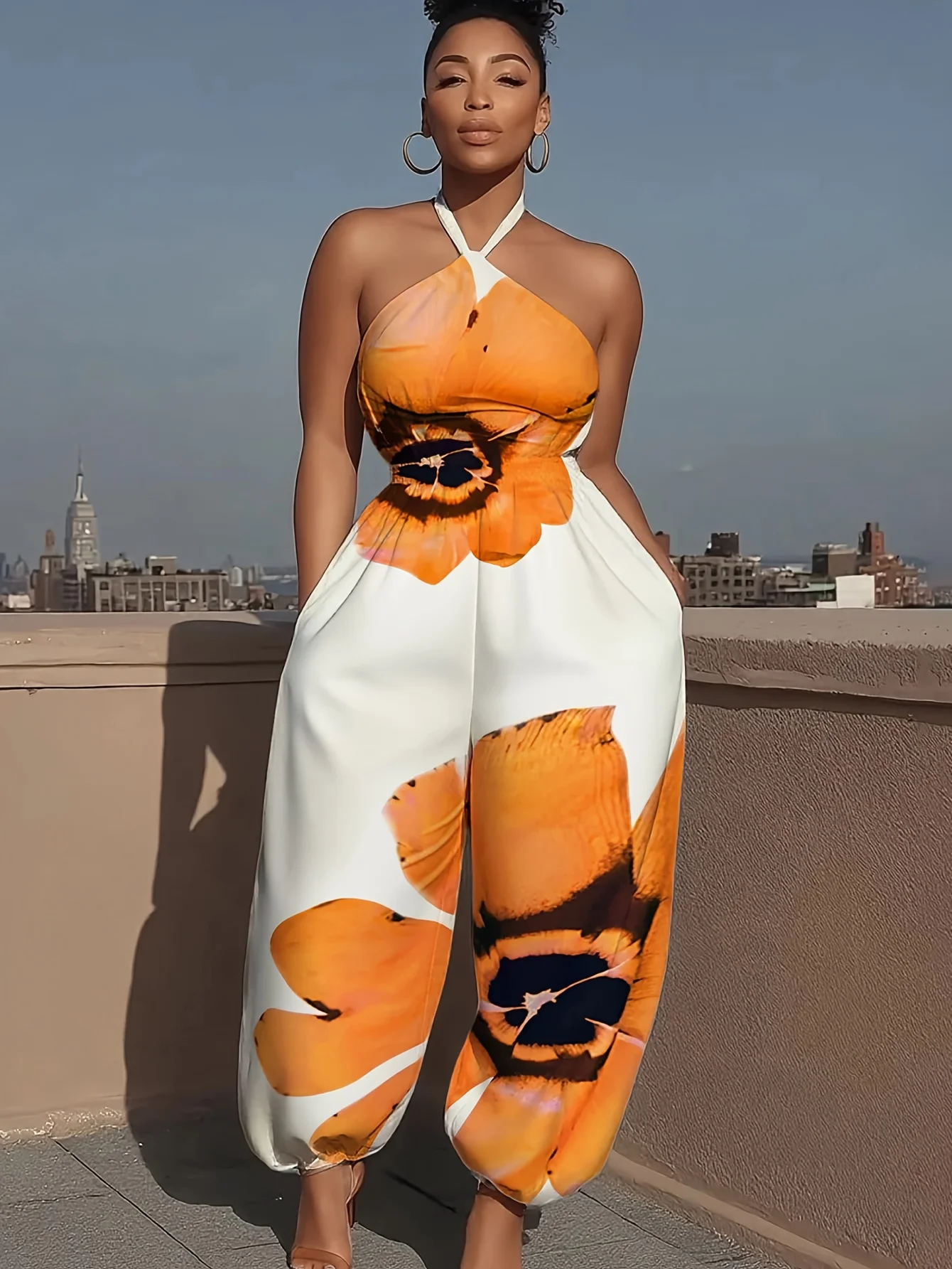 

Women's Elegant Halter Neck Jumpsuit Large Orange Floral Print Backless Sleeveless Harem Pants with Pockets Loose Casual Outfit