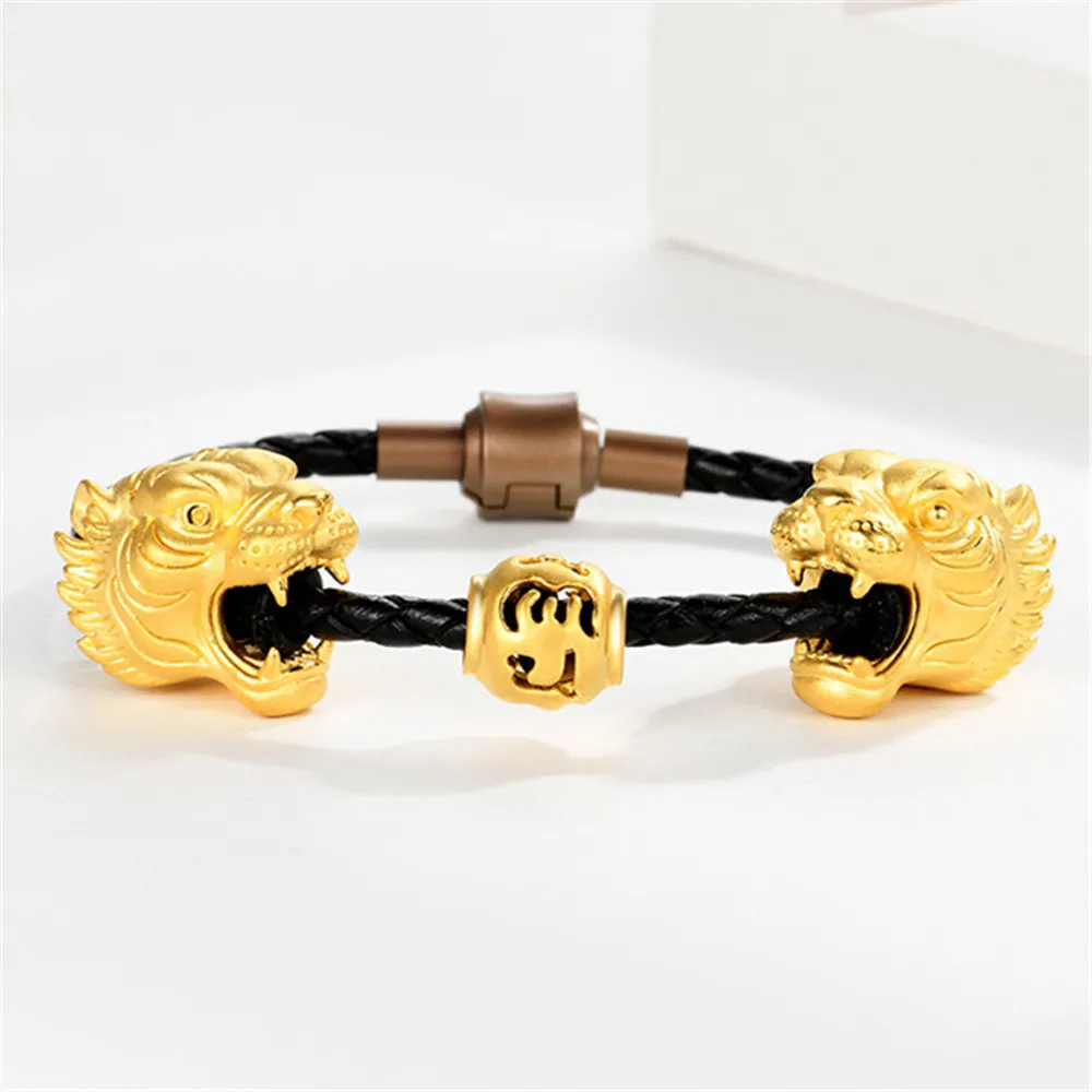 Pure 999 24K Yellow Gold Men Women Double Tiger Head Beads Bracelet 3-3.2g