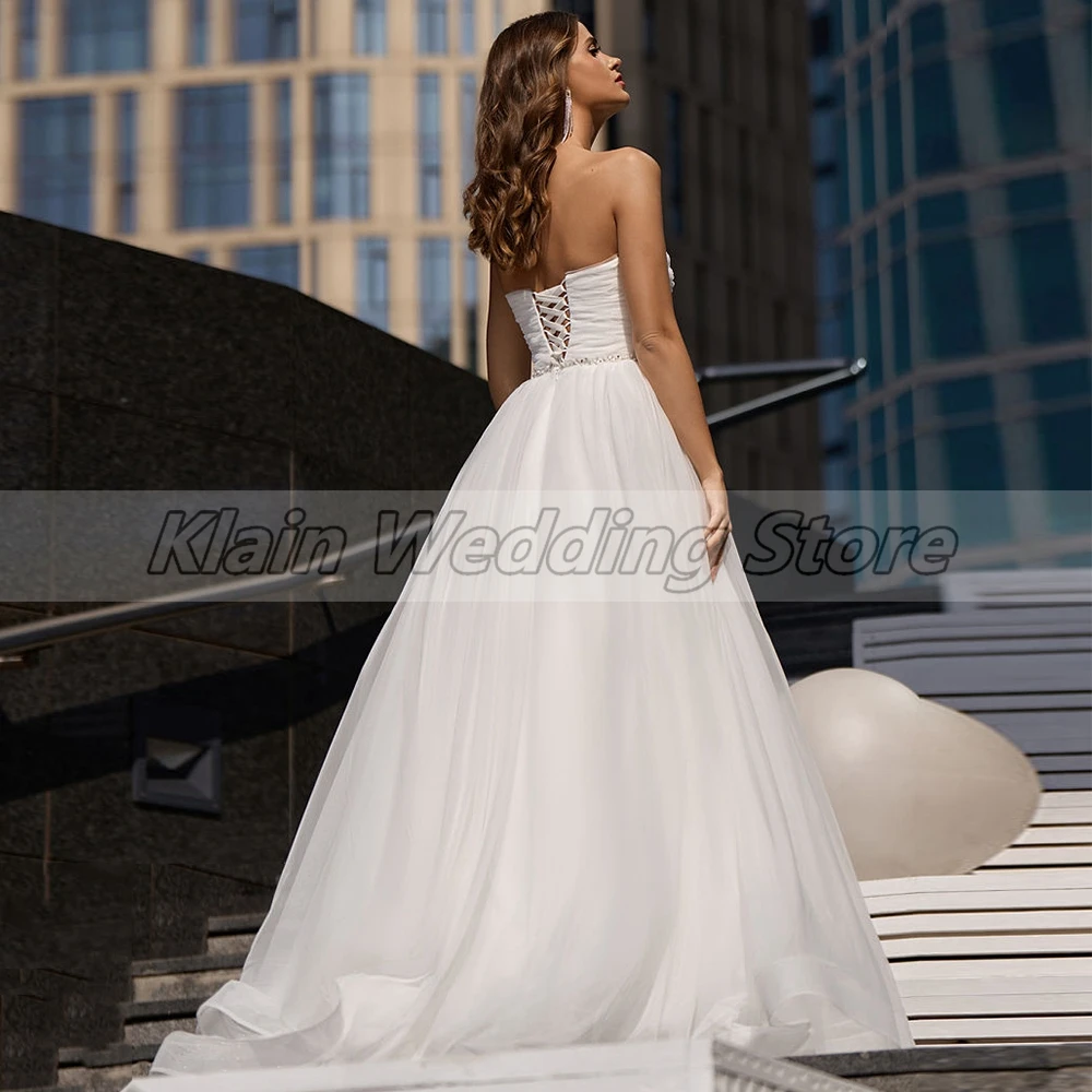 Weilinsha Vrouw Weddding Jurk Strapless Mouwloos Een Lijn Bruidsjurk Tule Plooi Met Kralen Riem Gewaad De Mariee Kant Rug