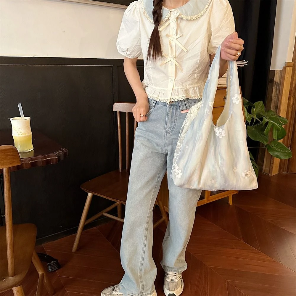Fresh Color Flower Embroidery Vest Bag Large Capacity with Lace Ribbon Vacation Tote Bag Solid Color Korean Style Shoulder Bag