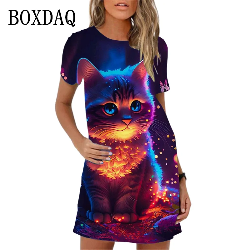 2024 New Women Spring Summer Dress Hip Hop Abstract 3D Cat Pattern Short Sleeve Mini Dress Casual O-Neck Loose Female Girl Dress