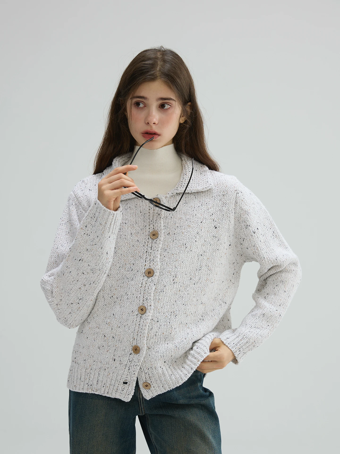 

Willbewell Autumn Winter Vintage Design Sensation Beige Dot Color Collar Sweater Open Cardigan Long Sve Regular Length