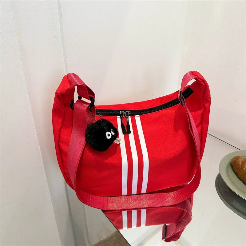 

Women's Striped Crossbody Bag Large Capacity Sporty Tote Shoulder Bag Minimalist with Pendant Chic Carryall for Everyday Travel