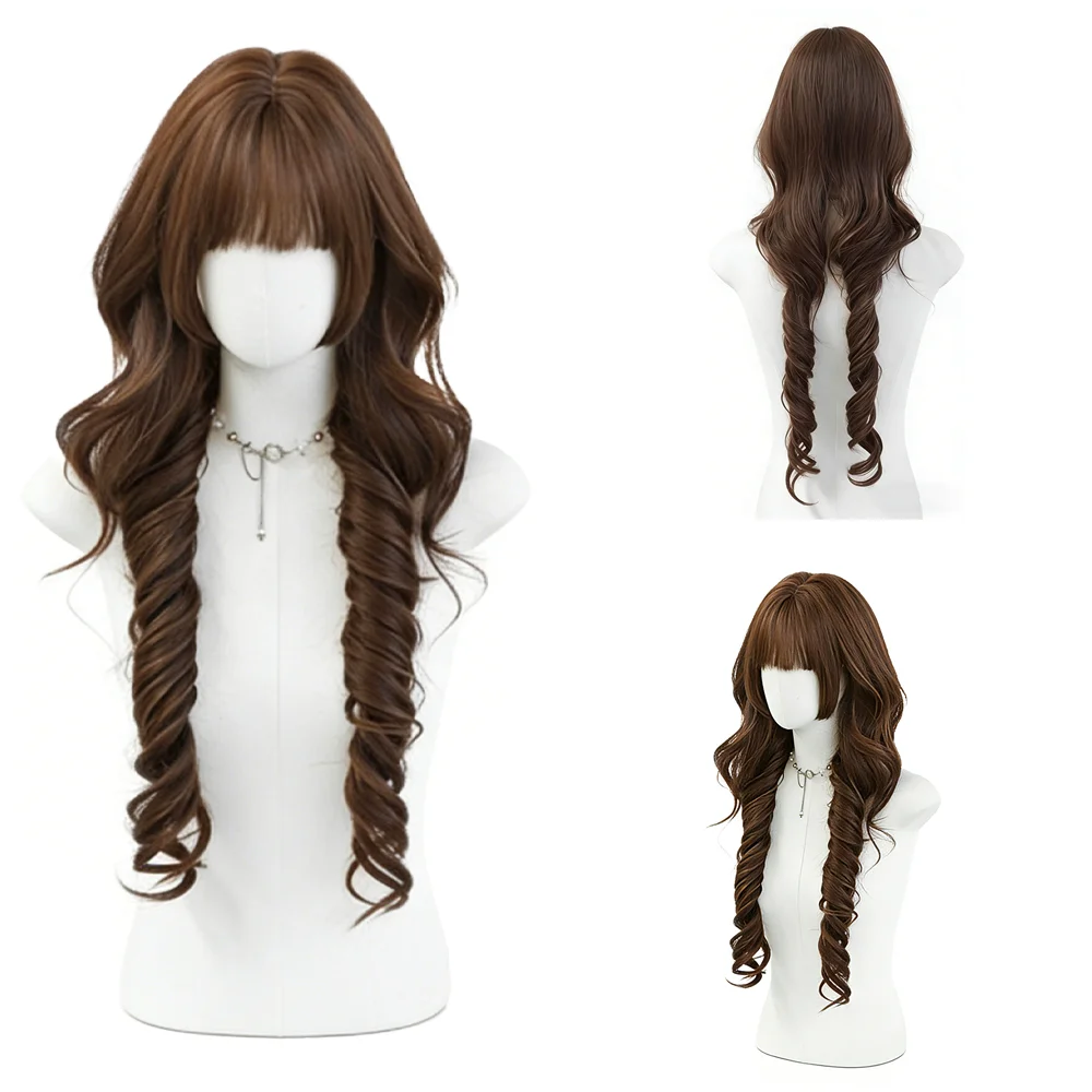 

Vintage Princess Spiral Curly Wig Morandi Tea Brown With Bangs Lolita Long Wavy Wig Heat Resistant For Costume Party Photoshoot