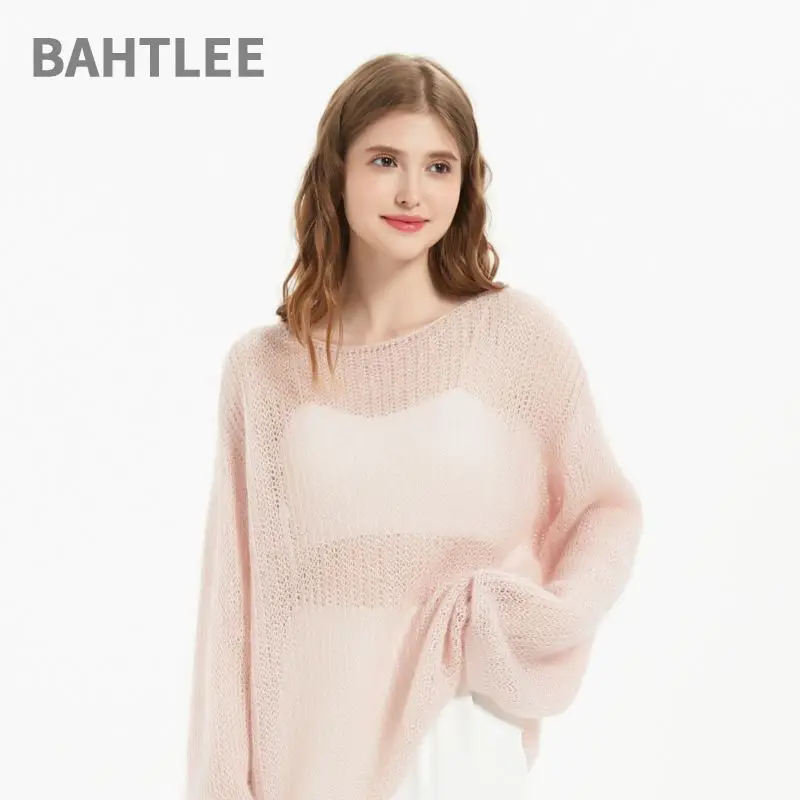 BAHTLEE-Women\'s Mohair Knitted Pullovers, Slash Neck, Flare Sleeve, Thin, Loose, Comfortable, See-Through, Autumn