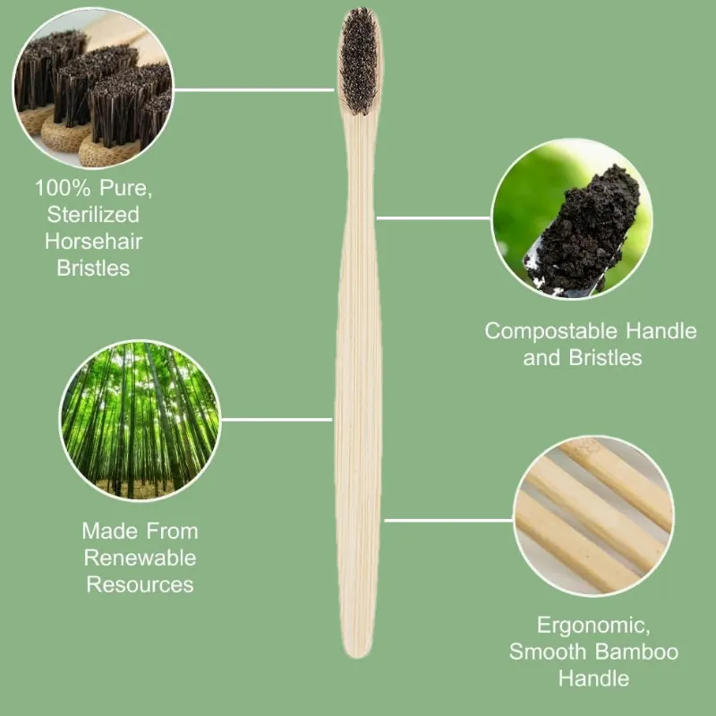 5 Pack Horse Bristles Bamboo Toothbrushes Soft Natural Bristle Wooden Toothbrush Compostable Biodegradable Zero Waste