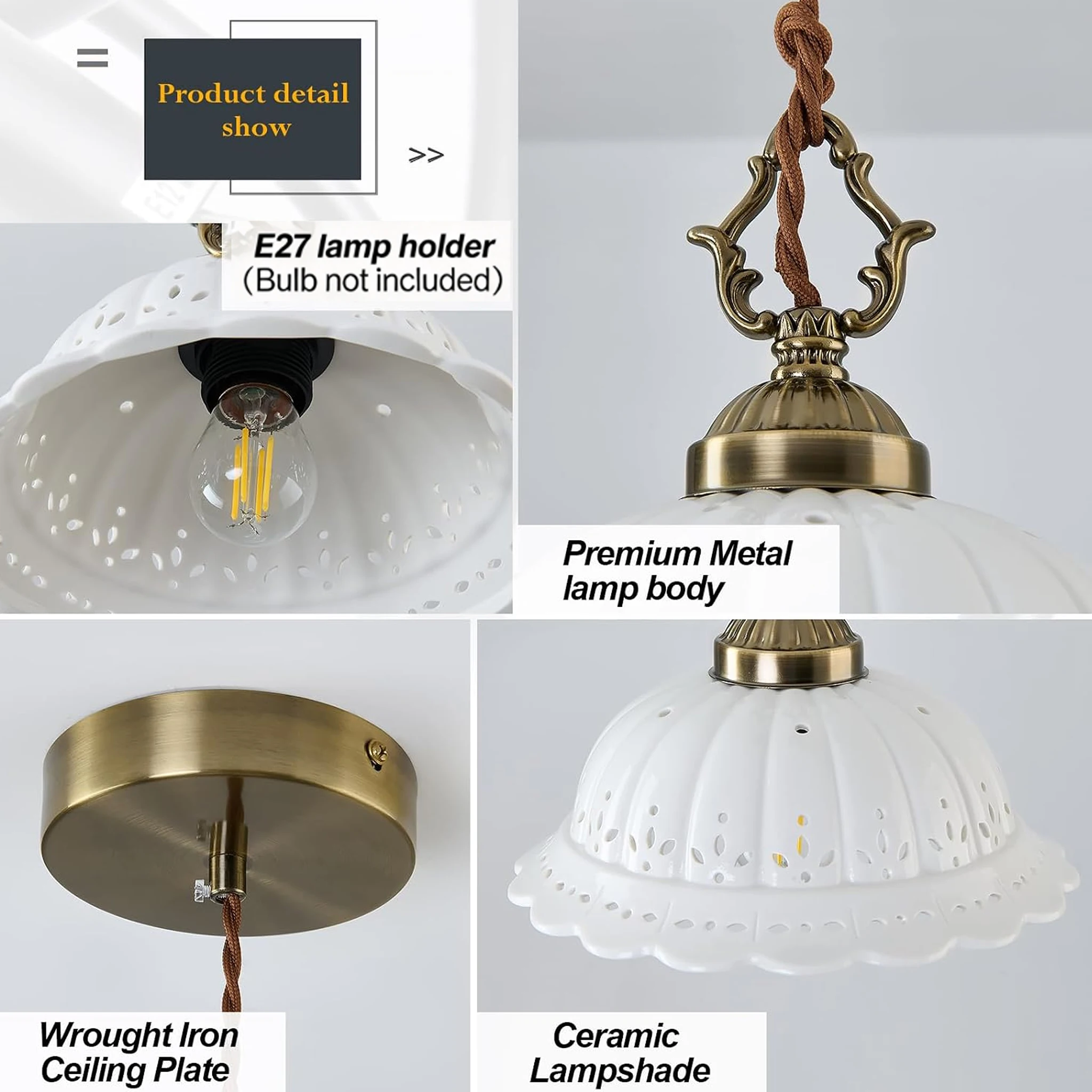 Vintage Ceramic Pendant Light Fashion Luxury Copper Hanging Lamp Dining Living Room Bedroom Kitchen Foyer Flower Pendant Lamp