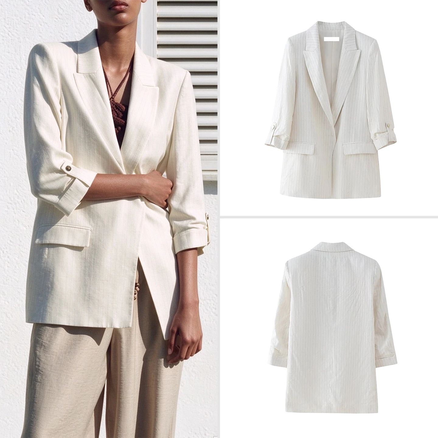 Fashionable Casual Style Women's Suit Jacket Spring Autumn Roll up Sleeve Turn down Collar Classic Color Block Design ZADATA