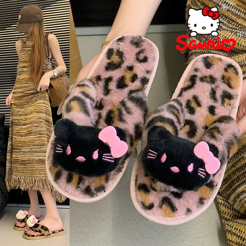 Sanrio Hello Kitty Plush Slippers Cartoon Cute Woman's Indoor Thick Soled Non-slip Flat Shoes Autumn Winter Warm Home Slippers