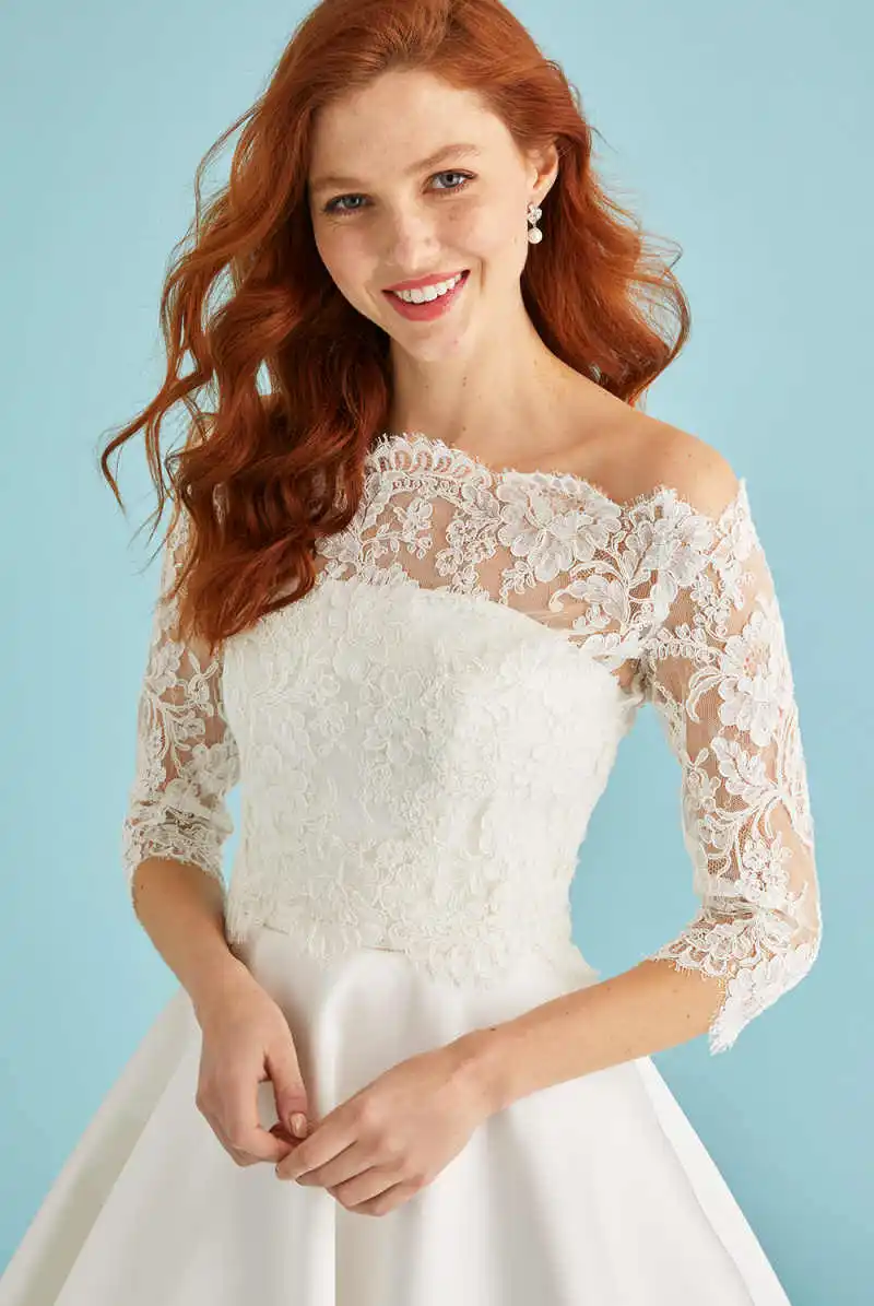 Elegant Lace Bridal Bolero Off Shoulder 3/4 Sleeve Floral Lace Shrug Cover Up For Wedding Gown Bridal Ceremony Party Customized
