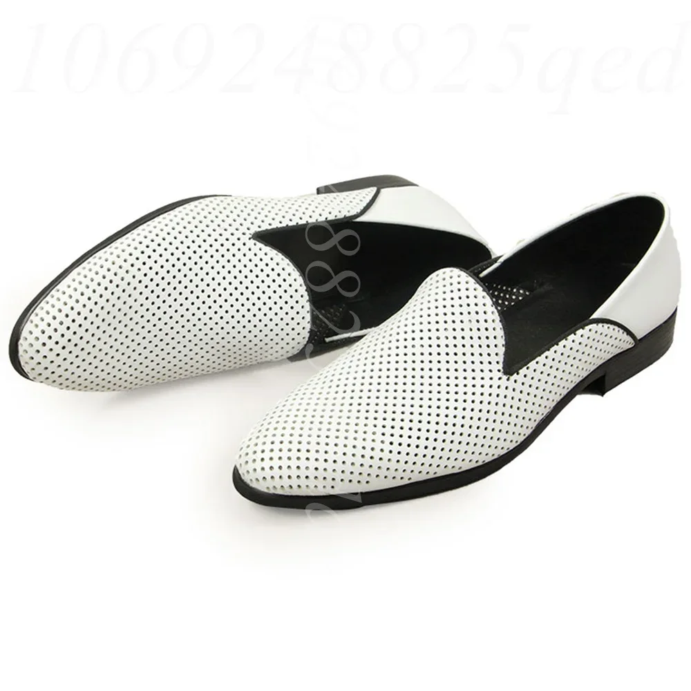 Men White Perforated Leather Loafers Breathable Slip-Ons with Black Contrast Trim Pointed Toe Shoes for Summer Casual Outings