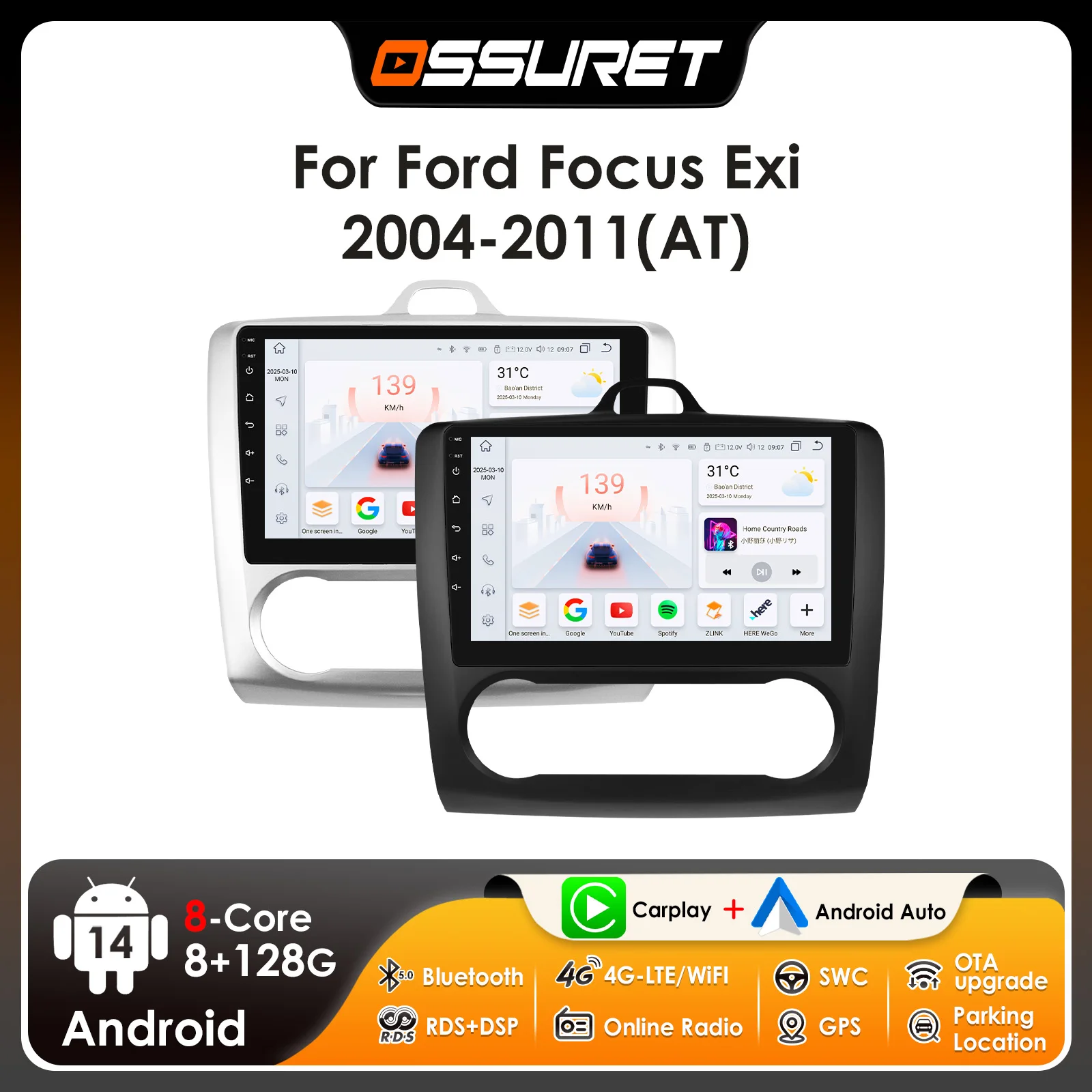 

9 "Ossuret 2Din Android13 Автомобильное радио для Ford Focus 2 3 Mk2 Mk3 2004-2011 Мультимедиа Auto CarPlay 4G BT RDS DSP SWC GPS Navi