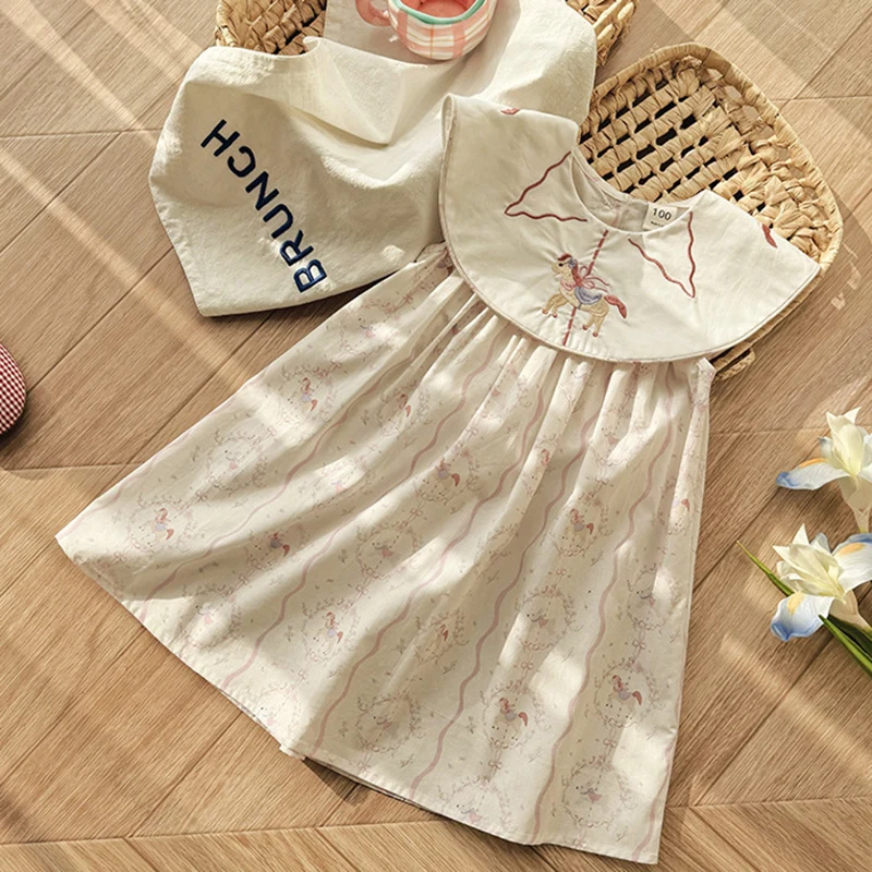 2026 New Summer Sister Clothing Kids Princess Dresses Sleeveless Cotton Print Splicing 2-7Yrs Baby Girl Birthday Party Dress