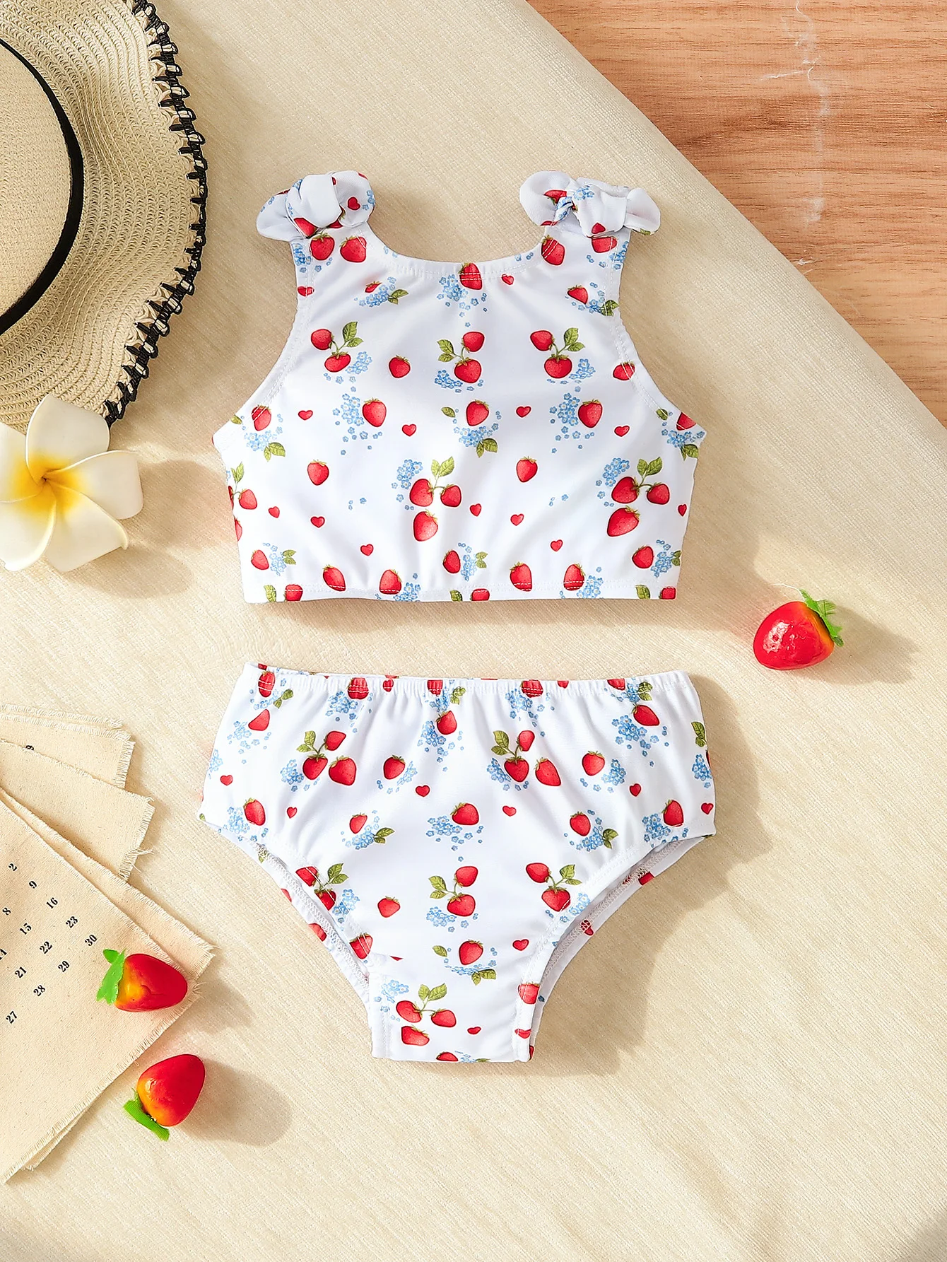 Summer Kids Girls 4-7Y Strawberry Print Ruffle Strap Two-Piece Swimsuit Set Kids Beachwear Swimwear