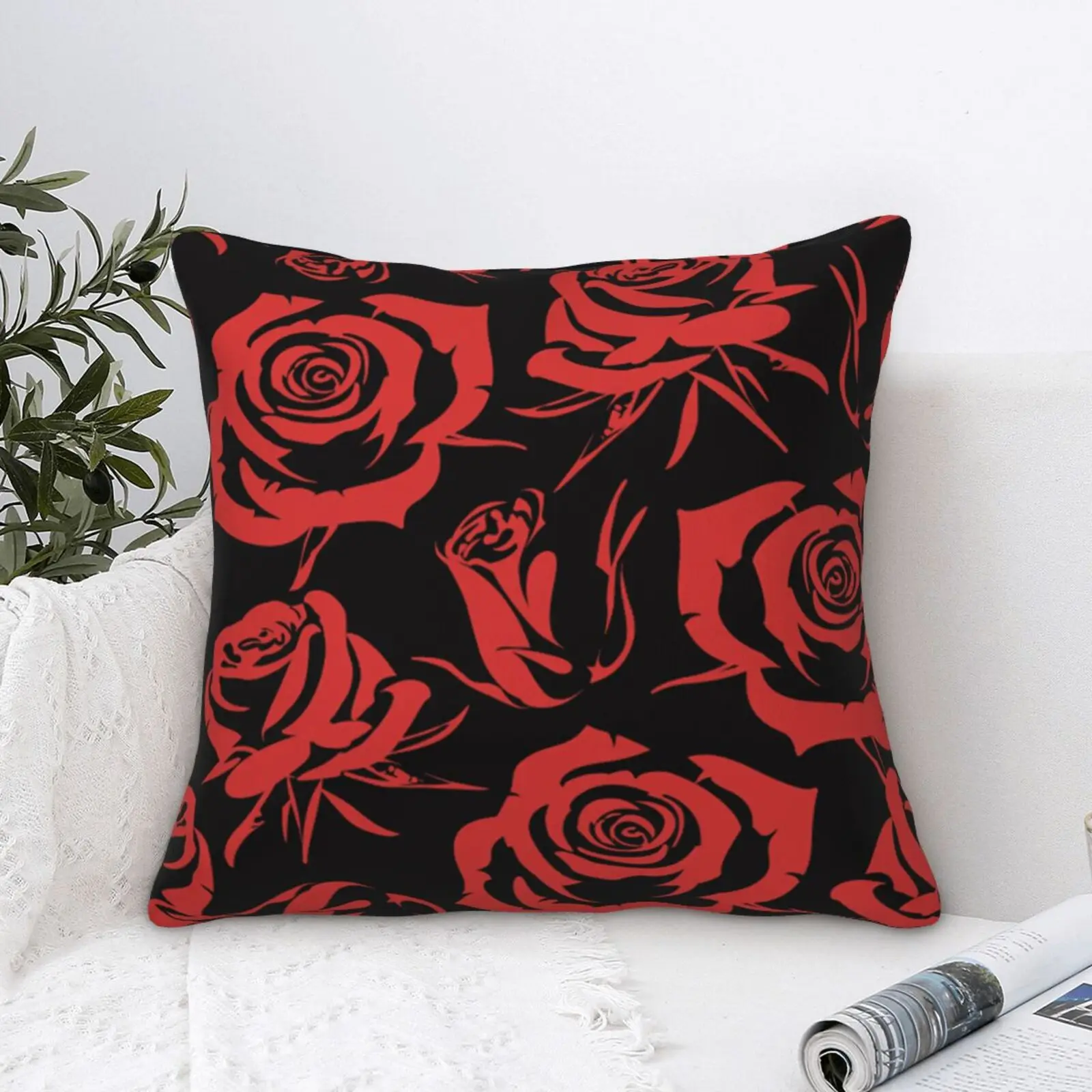 Red Black Rose Print Velvet Throw Pillow Cover, Soft Plush Gothic Floral Cushion Case, Decorative Pillowcase for Sofa Bedroom Ho