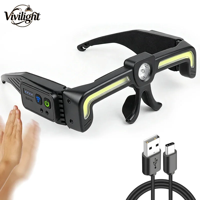 New Induction COB LED Glasses Headlight Rechargeable TYPE-C Waterproof Lightweight Work Lamp for Car Maintenance Repair