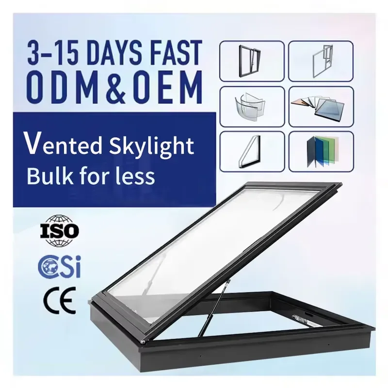 for Manual Vertical Swing Vented Skylight 600X600mm Double Layer Tempered Glass Aluminum Alloy Frame Soundproof for Attics