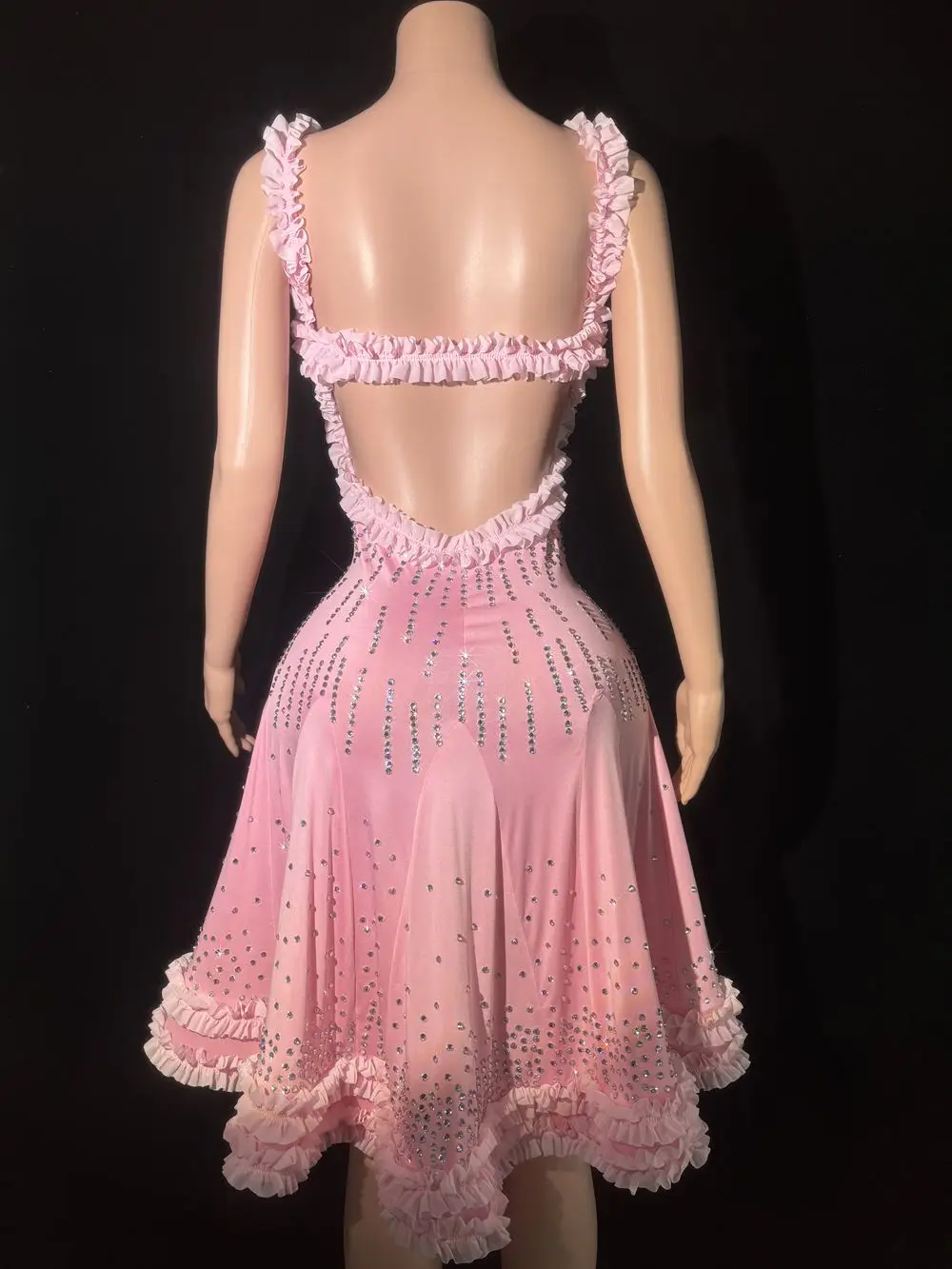 Funkelnde Strass rosa Kleid für Frauen sexy hohle rücken freie Abend Abschluss ball feiern Geburtstags kleid Performance Show Bühnen kleidung