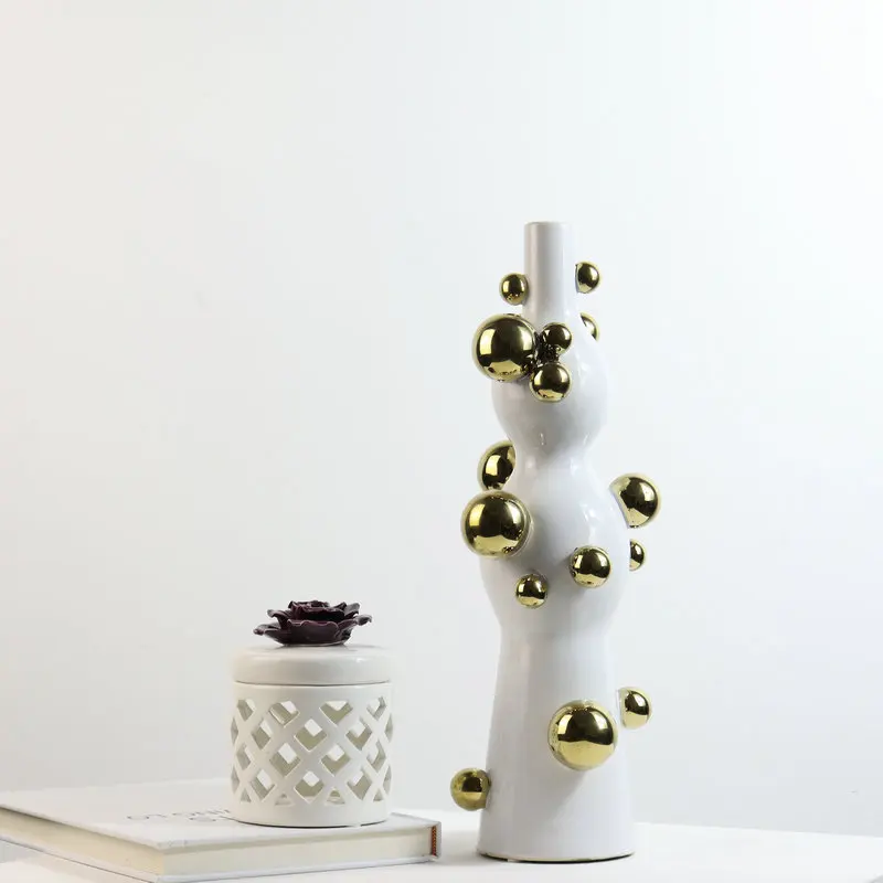 Ceramic Vase Embossed Gold Balls Abstract Geometric Dots Flower Arrangement Accessories Home Crafts Ornaments