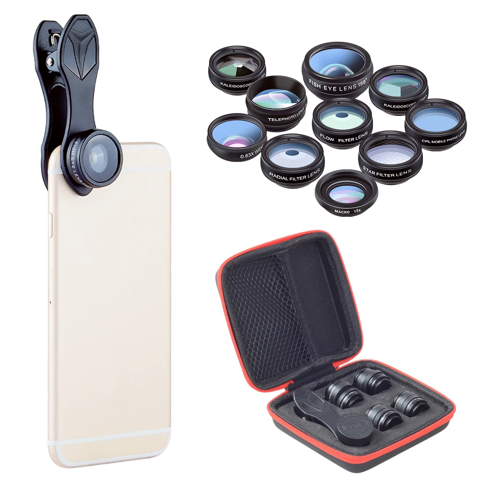 APEXEL 10 in 1 Phone Camera Lens Kit with 0.63X Wide Angle + 15X Macro + 198°Fisheye + 2X Telephoto for Android iPhone