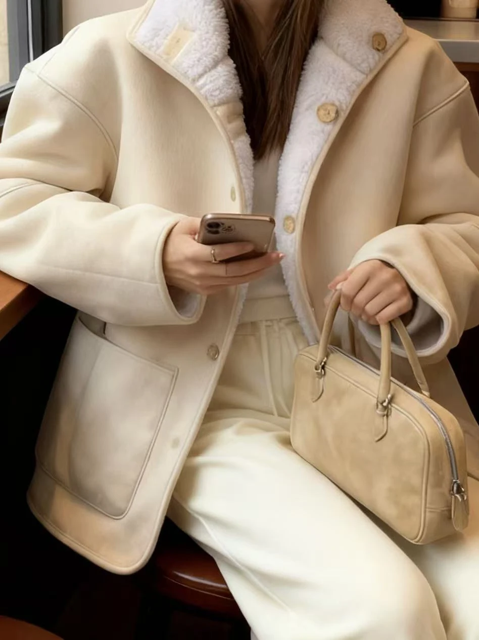 الكورية Sle الدافئة الأبيض الاغراء على الوجهين ارتداء فضفاض الفراء الجلود Inteated ort معطف المرأة Faion الشتاء ملابس خارجية #5