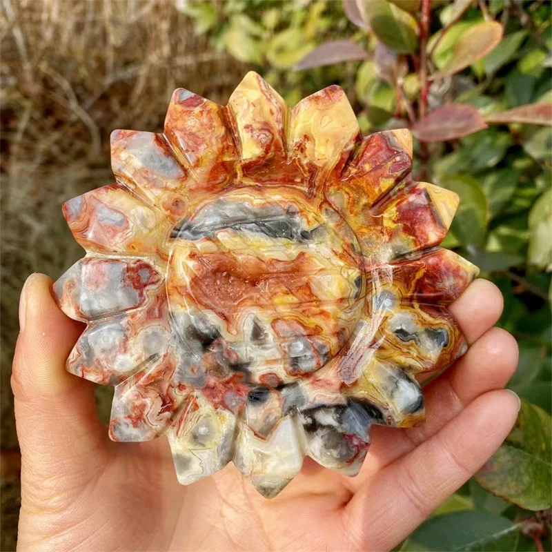 Natural Crazy Agate Sunflower Carving Healing Fengshui For Childrens Room Birthday Gift Ornament 1pcs