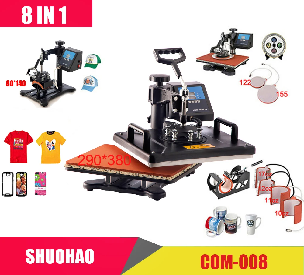 Cheap 30*38CM 8 in 1 Combo Heat press Machine Sublimation Printer 2D Heat Transfer Machine for Cap Mug Plate Tshirts CE Approved