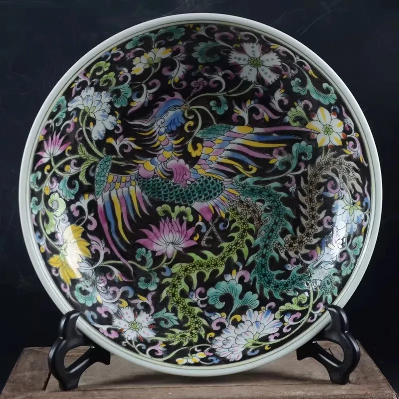Chinese Black Famille Rose Porcelain Plate Qing Yongzheng Phoenix Pattern 8.3