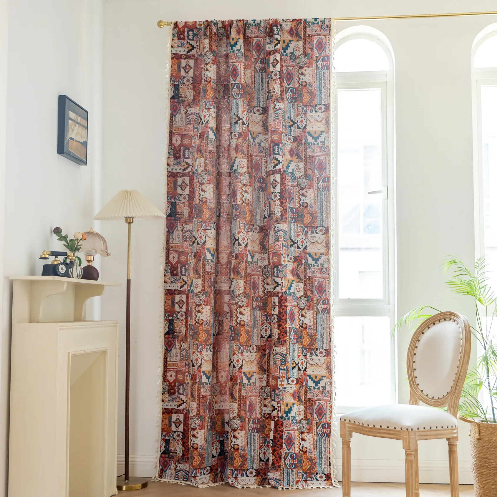 1PC Bohemia Printed Cotton Linen Curtain with Tassel for Living Room Semi-shading Window Drapes Rod Pocket for Cafe Kitchen