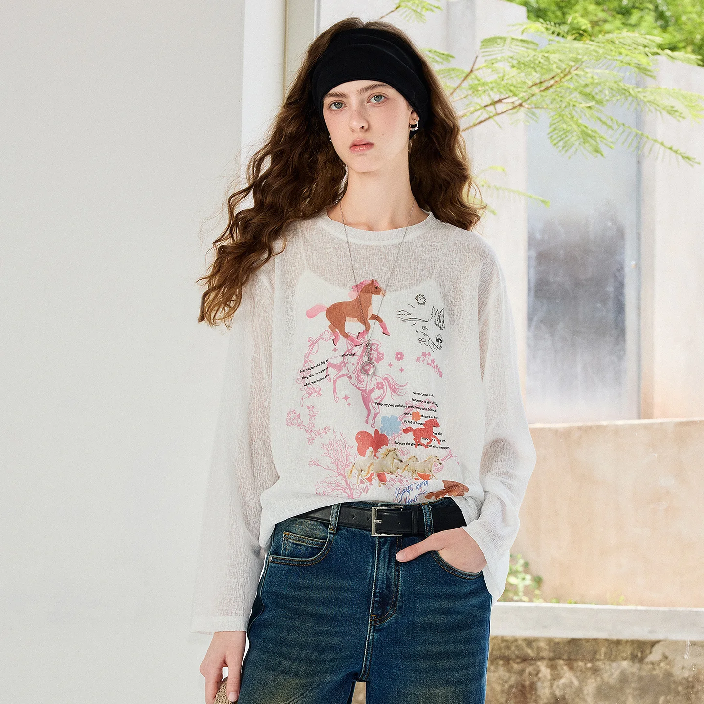 TOYOUTH Women's Long Sleeve T Shirt 2026 Autumn New Nomadic Style Pony Print Lightweight Bohemian Girlish Trendy Casual Tops