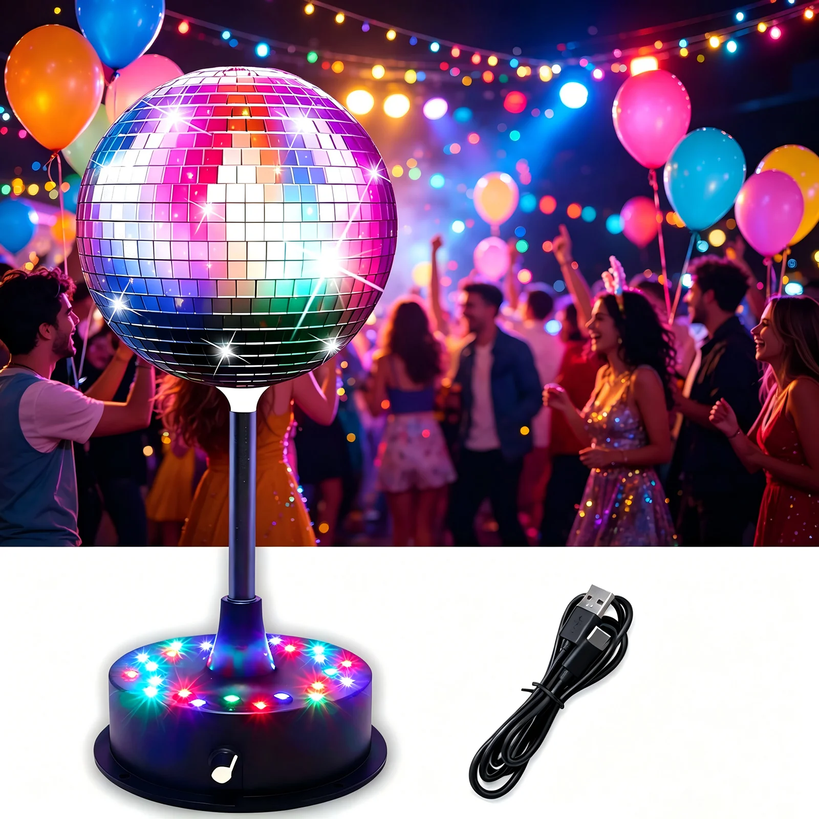 

6'' Mirror Disco Ball with 24 LEDs 5-10 RPM Adjustable Rotating Motor Base Disco Lamps Ceiling Decor for Show Party Dancing Hall Club Ktv Nightclubs Bars