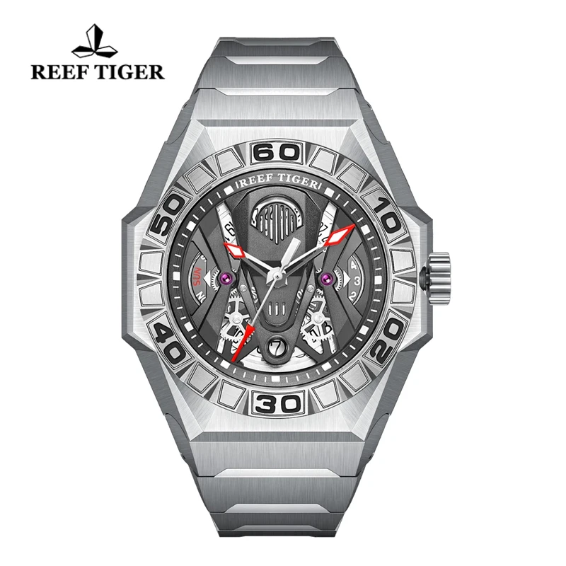 Reef Tiger/RT Stainless Steel Dive Sports Men Watch New Unique Transformers Dial Watches Calendar Automatic Mechanical Watches