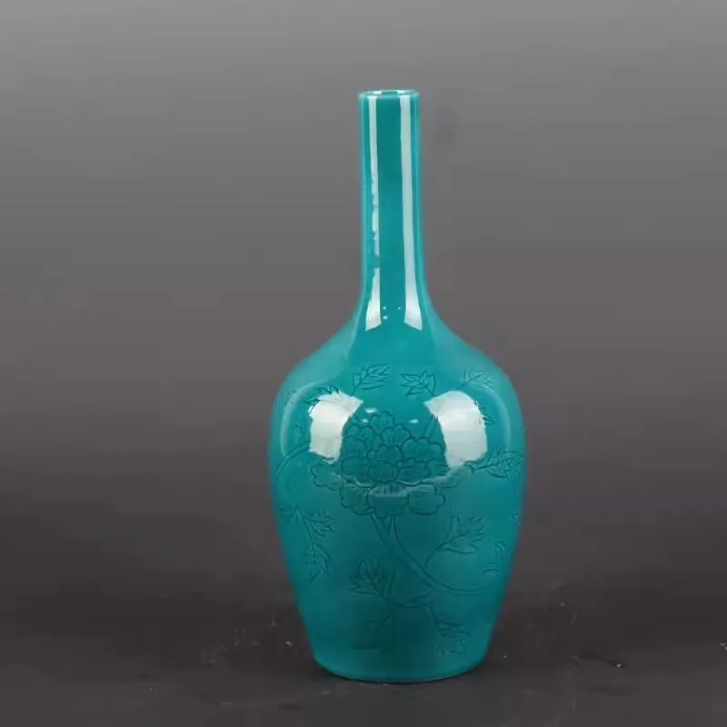 

Chinese Green Glaze Porcelain Carved Flowers Pattern Vase 9.76 inch Exquisite Desktop Decor