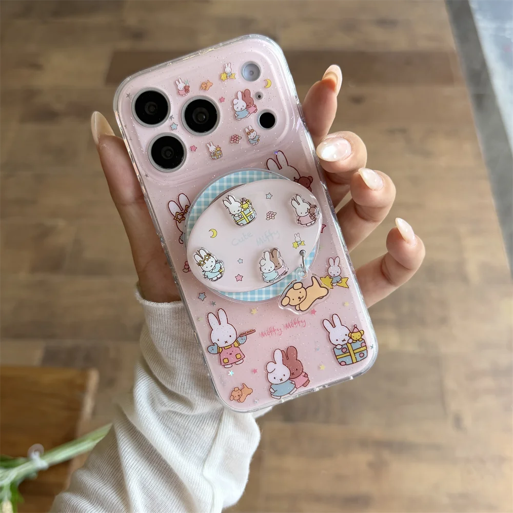 

Cute Moon Miffy Rabbit Glitter Magnetic Phone Case for iPhone 17 16 13 14 15 Pro Max 16 Max Cover With Magsafe Stand Kawaii Cove