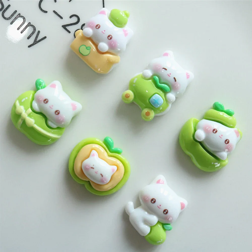 10 STKS Glanzende Groene Apple Cat Serie Hars Platte Achterkant Cabochons Voor Scrapbooking DIY Sieraden Ambachtelijke Versieringen Accessoires