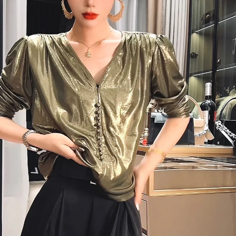 

French Style Office Elastic Sequin Shirt 2023 Summer Loose V-neck Blouse Temperament Slimming Puff Half Sleeve Tops Blusas 27594